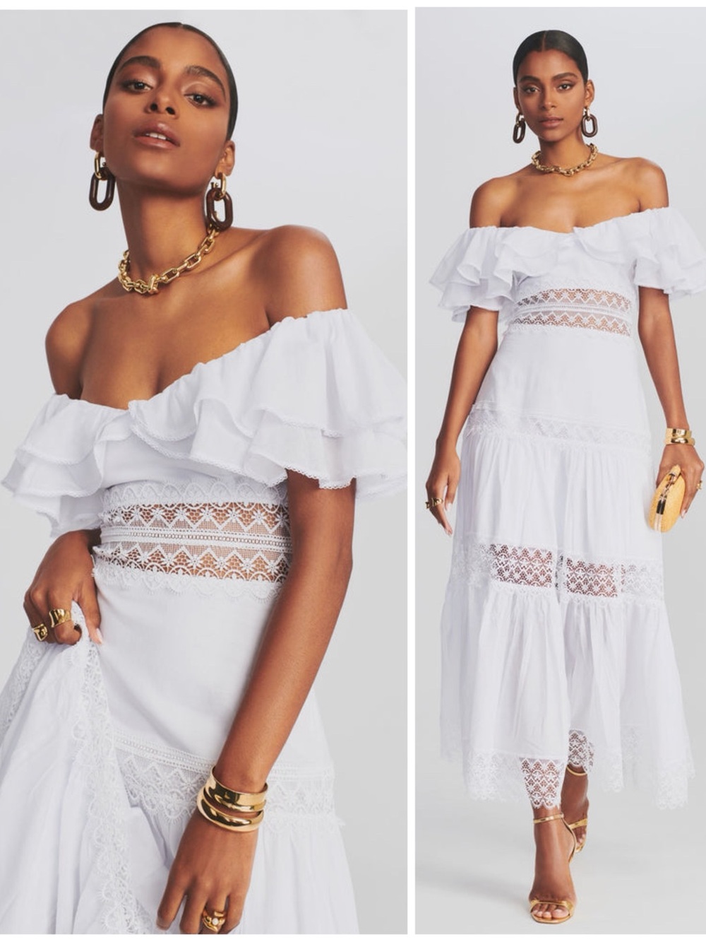 NWT Charo Ruiz Florence Off the Shoulder Maxi Long White Eyelet Dress Sz Large